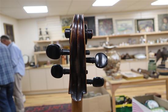 A 19th century cello with two-piece back and bow